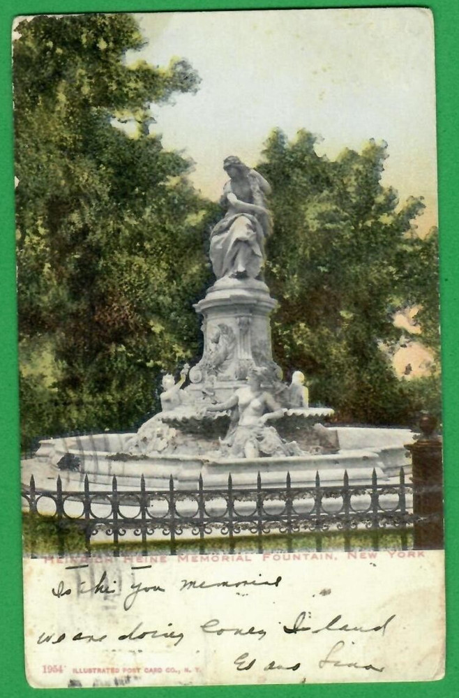 Heinrich Heine Memorial Fountain, New York, Ny, Vintage Pc. Used 7010