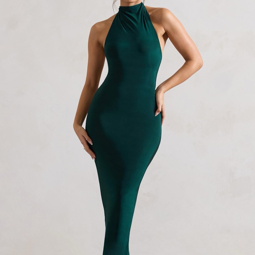 Club L London Bottle Green Maxi Dress Halter Neck Back Detail Sleeveless UK 12