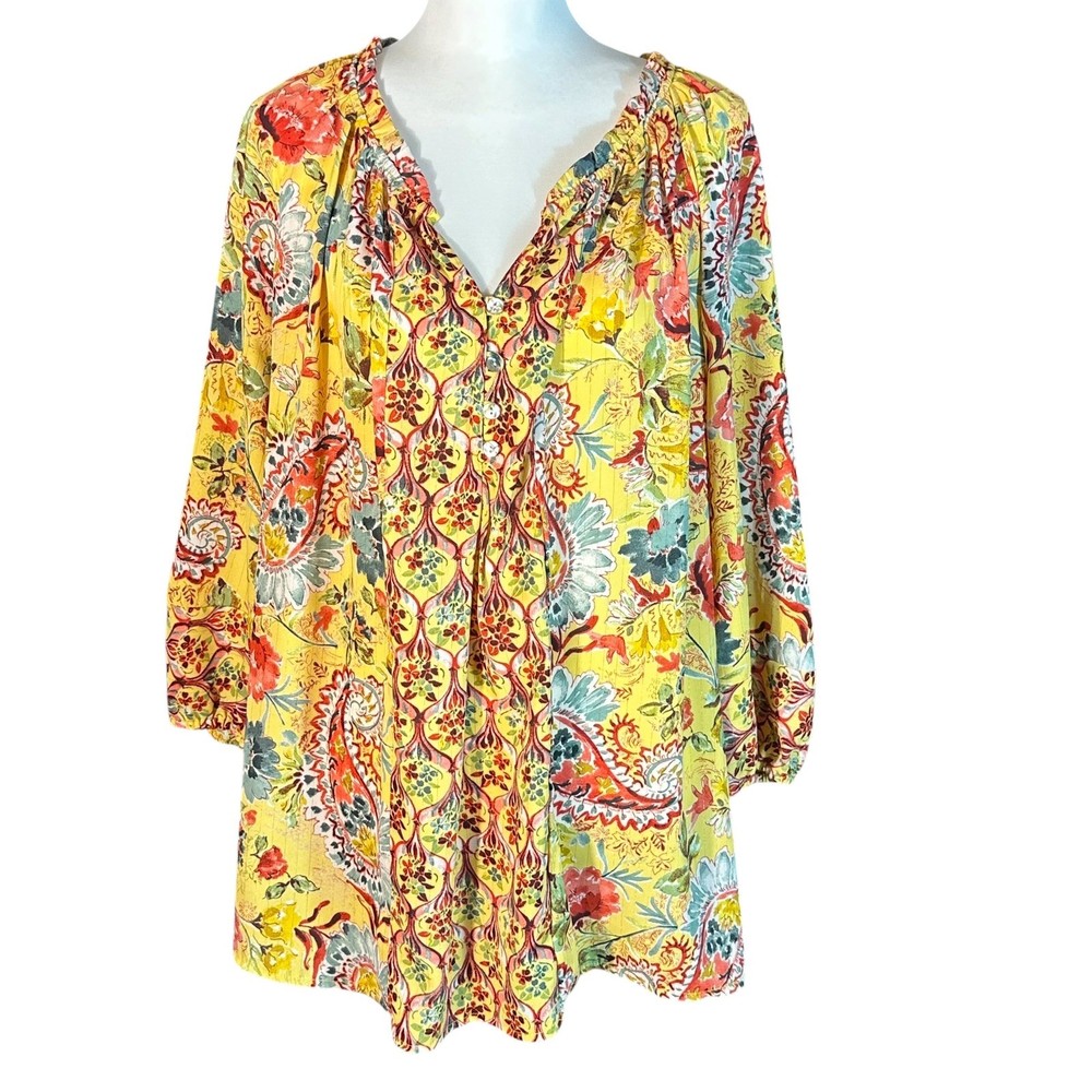 Fig and Flower Blouse Womens 3X Yellow Paisley Floral Metallic Boho Top
