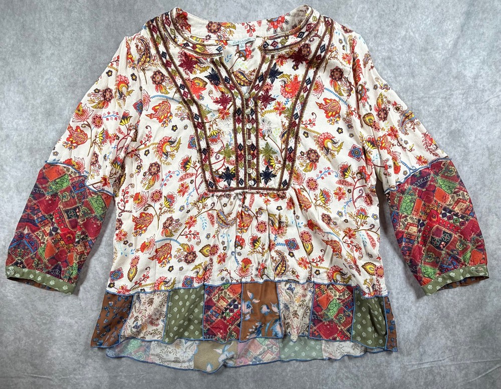 John Mark L Boho Floral Paisley Tunic Abalone Buttons Patchwork Hem