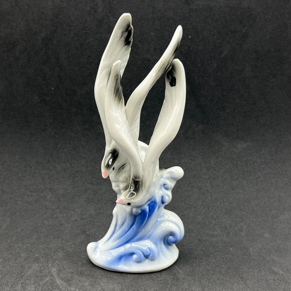 Vintage Porcelain Seagull Figurine Blue White Ceramic Bird Cresting Wave Decor