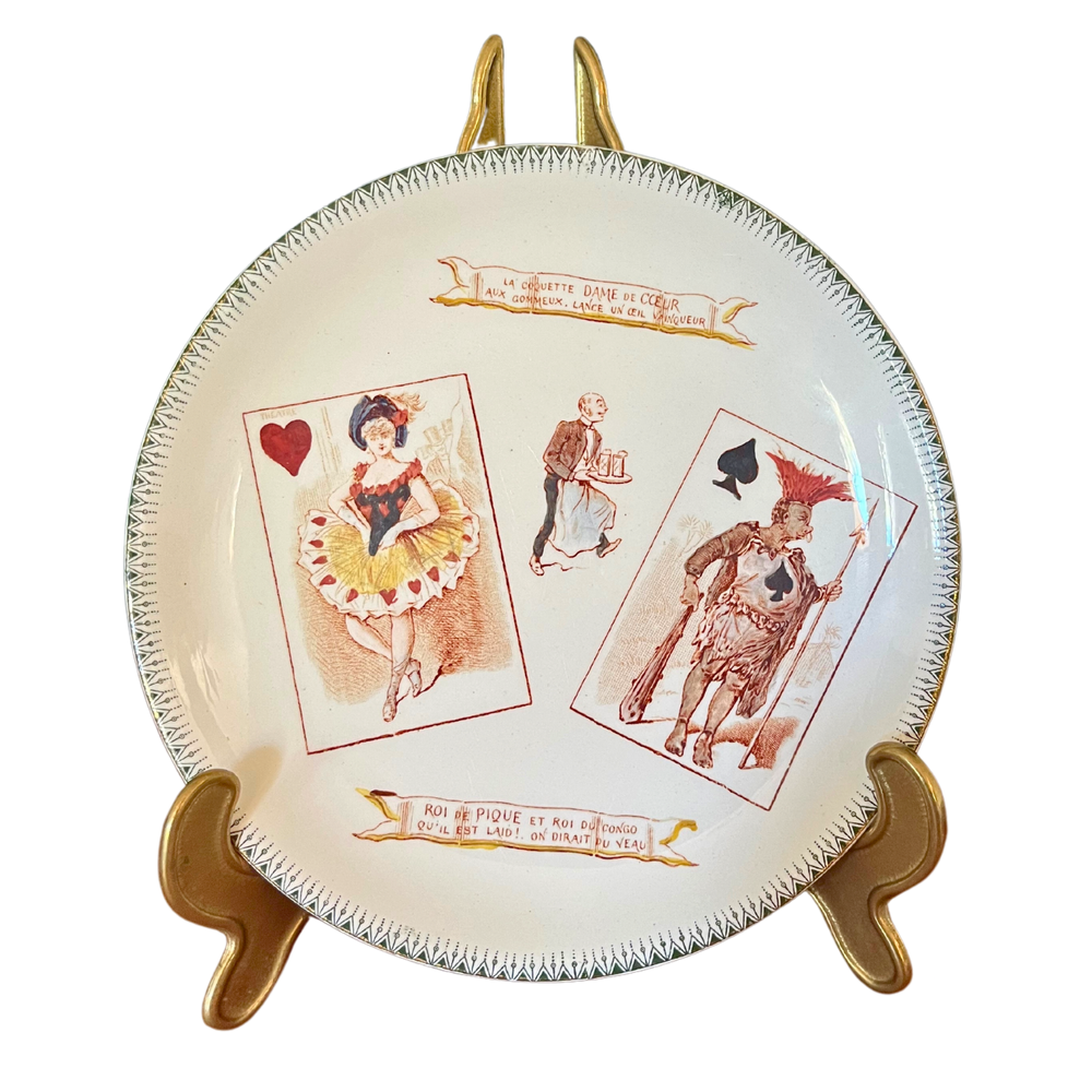 19th Century Set of 6 French MAJOLICA CHOISY-LE-ROI Plates, Humour Playing Cards