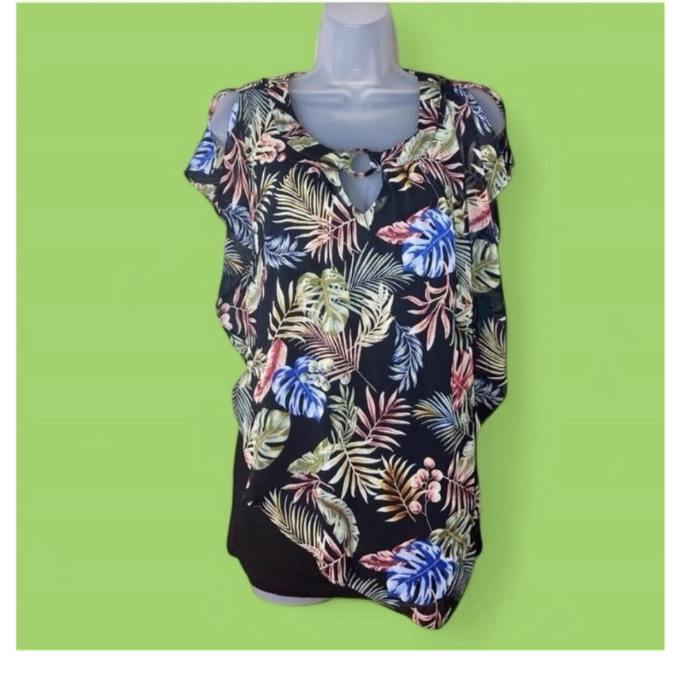 Apt. 9 Womens Black Tropical Floral Chiffon Bandanna Keyhole Blouse M