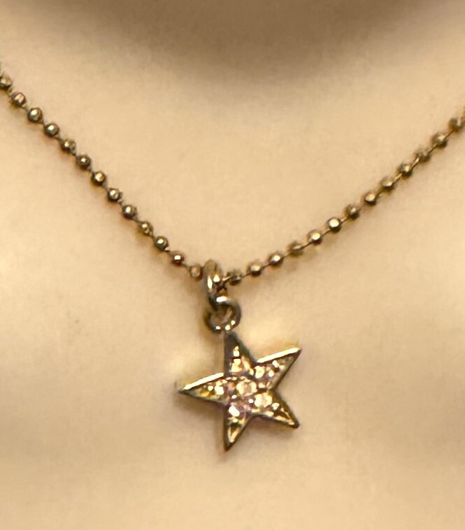 Vintage Gold Tone Iridescent Rhinestone STAR Pendant Ball Bead Chain Necklace