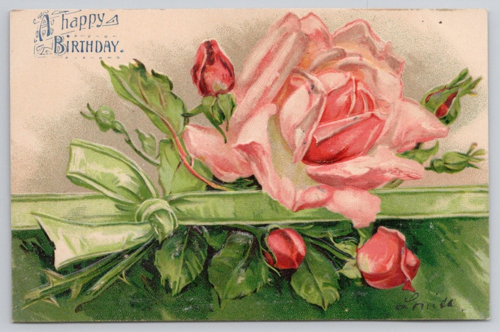 1907 Embossed Birthday Postcard Pink Roses & Green Ribbon Sabro PA Postmark
