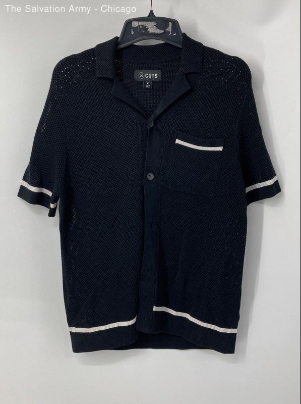 CUTS Mens Black Knit Short Sleeve Collared Button-Up Shirt Size Medium