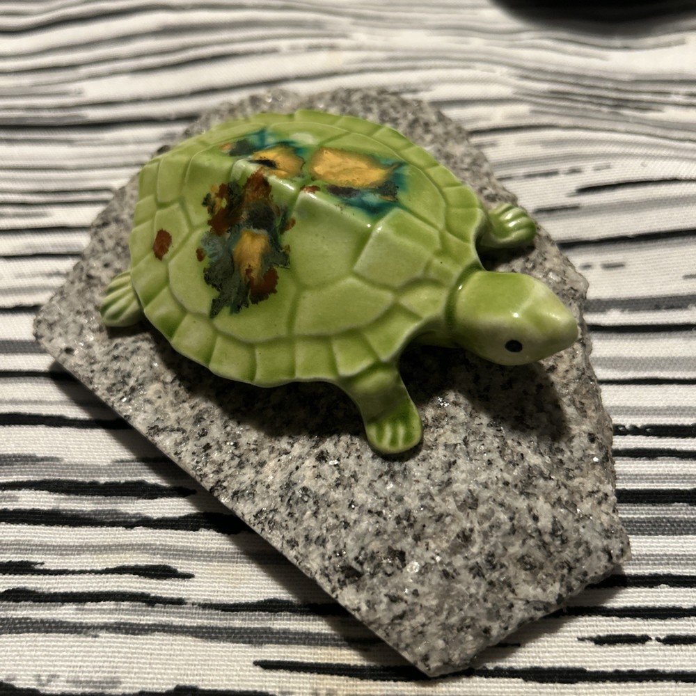 Vintage Green Stone Turtle On Stone Base, Beautiful Colors.