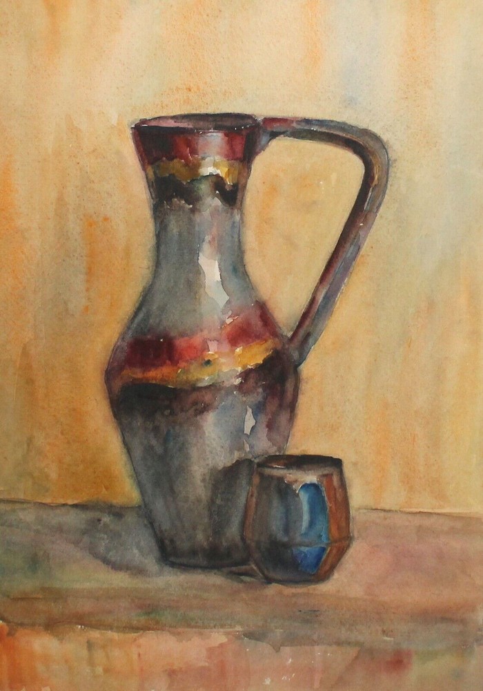 Watercolor painting still life with jug and cup