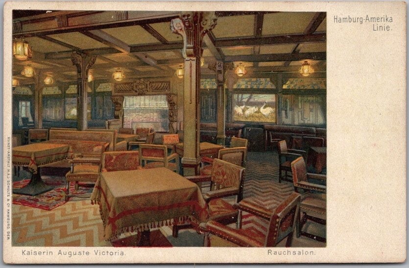 HAMBURG-AMERICA LINE Ship Postcard S.S. KAISERIN AUGUSTE VICTORIA Smoking Lounge