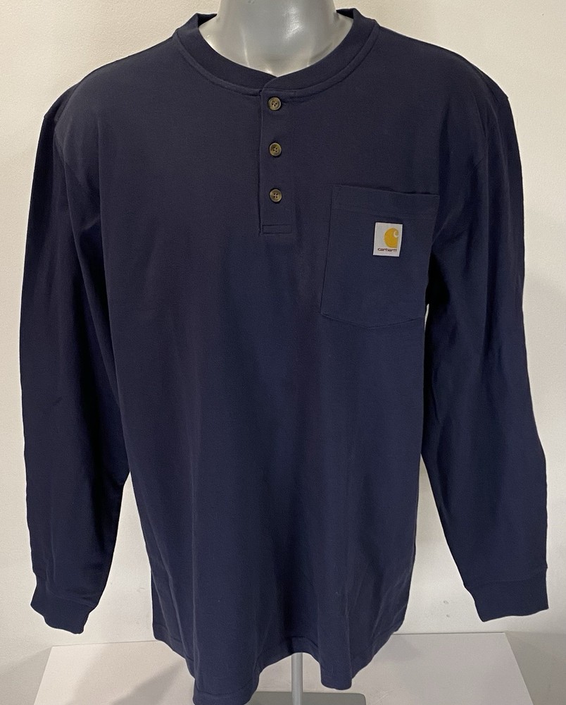 Carhartt Mens L Large Loose Fit Henley Long Sleeve T-Shirt Navy Blue Tee K128