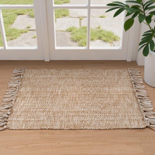 Small Bathroom Rug, 2' x 3' Hand-Woven Low Profile Front 2' X 3' Tan/Cream