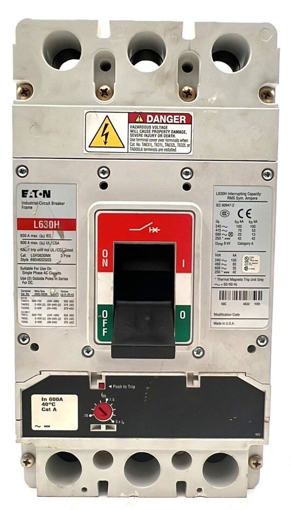 Eaton LGH3630NN Circuit Breaker 600A 3P 600V L630H 600 Amp 3 Pole Used