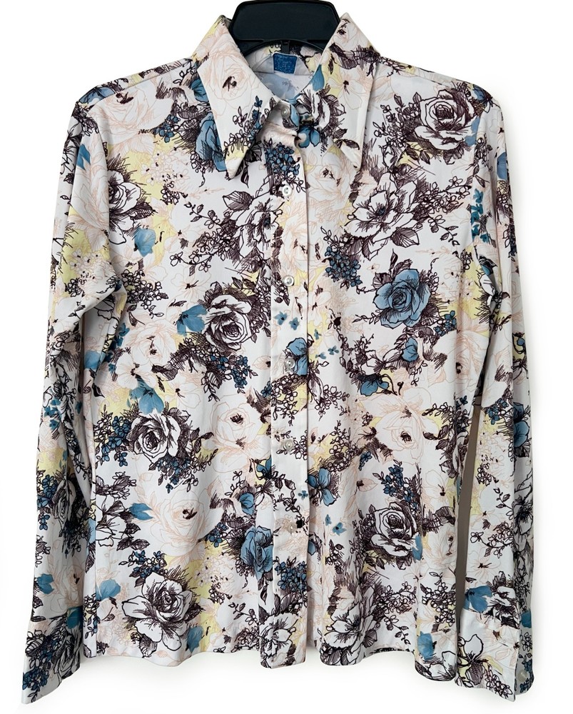 Vintage 1970s Sears Floral Collared Women's Sz 16 Perma Prest Polyester Top