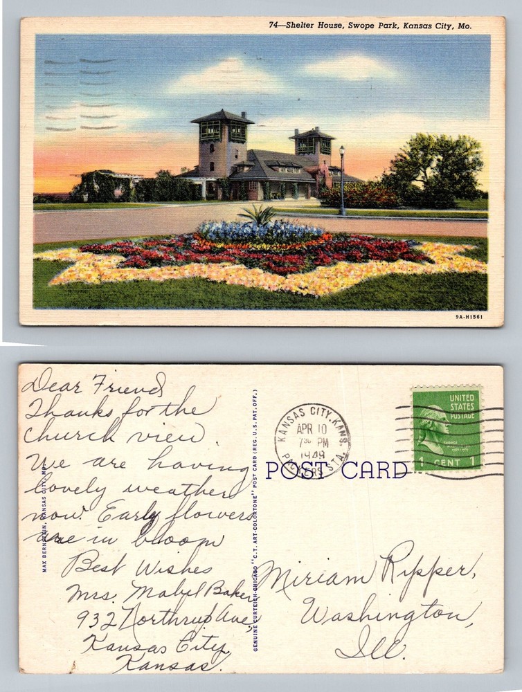 Kansas City, MO-Missouri, Swope Park Shelter House Garden Vintage c1949 Postcard