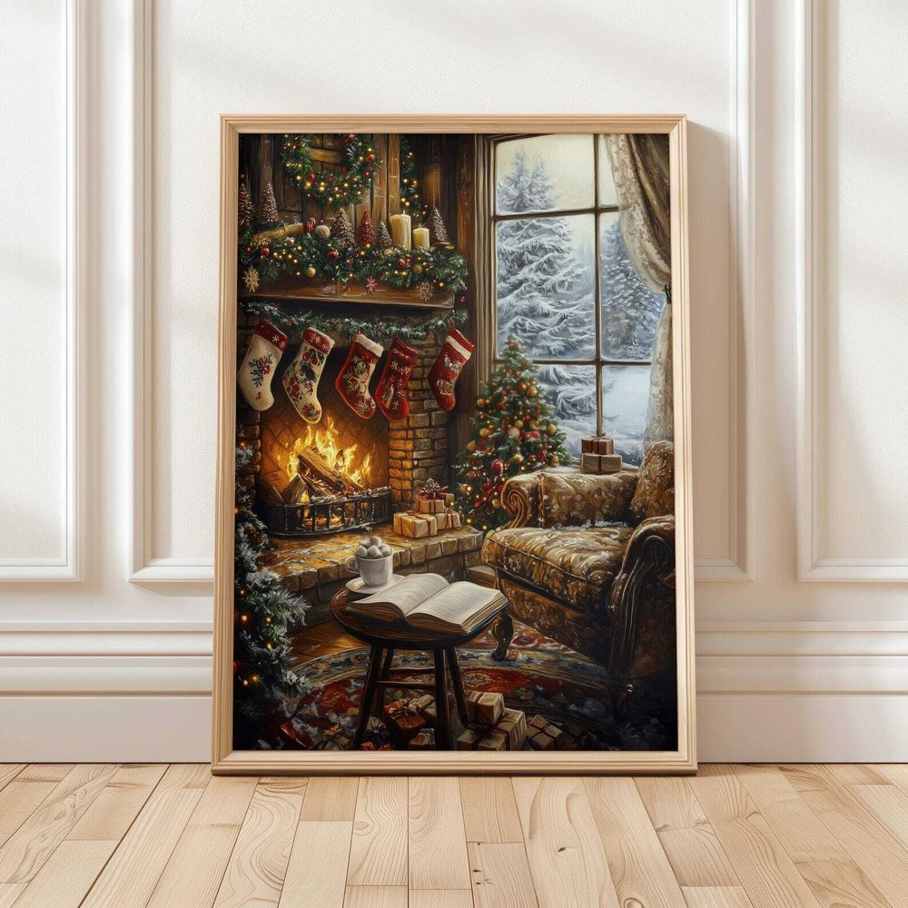 Christmas Fireplace And Book Art Print  Cozy Holiday Wall Decor  Book Lover