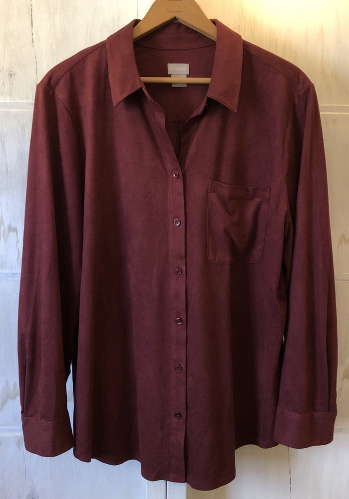 Chico’s Size 3 Soft Faux Suede Wine Maroon Red Long Sleeve Button Up Shirt 16/18