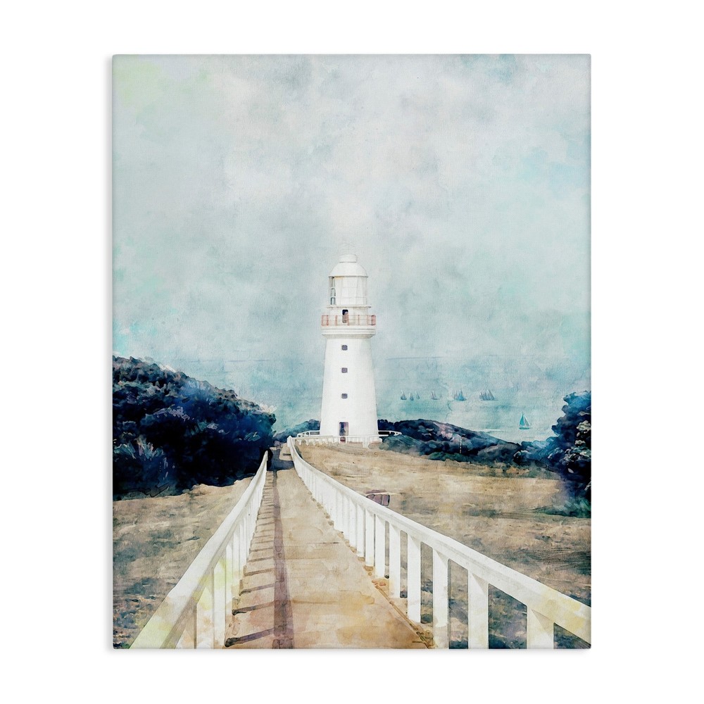 Stupell White Lighthouse Boardwalk Rocky Cliff Coastal