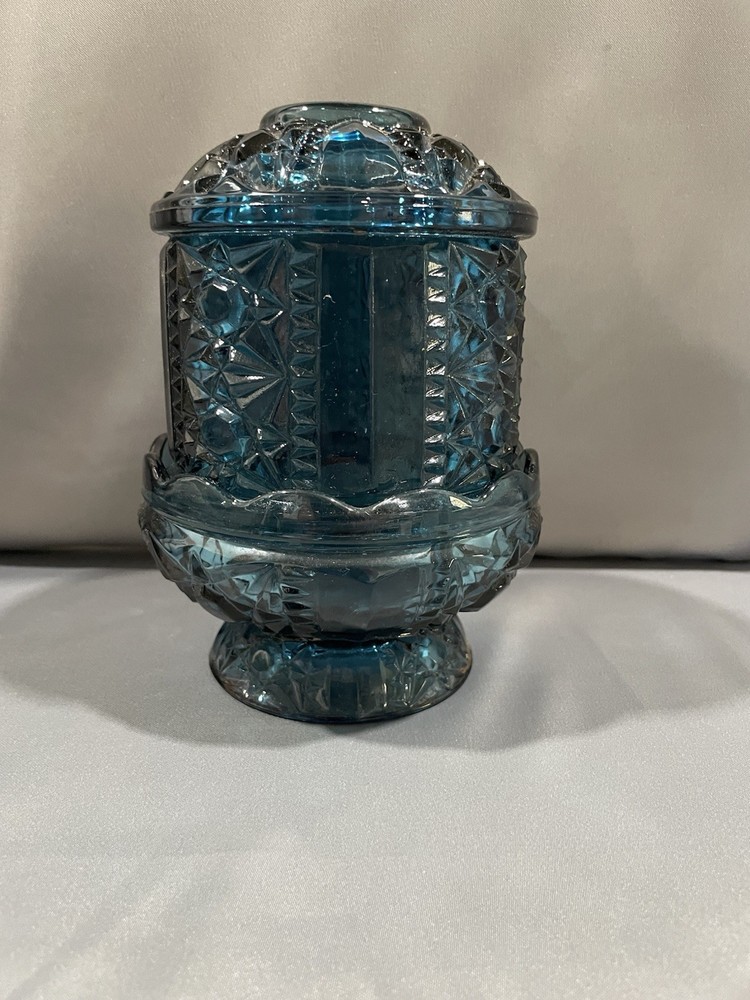 Vtg Indiana Colonial Blue Glass Stars And Bars Fairy Lamp Candle Holder