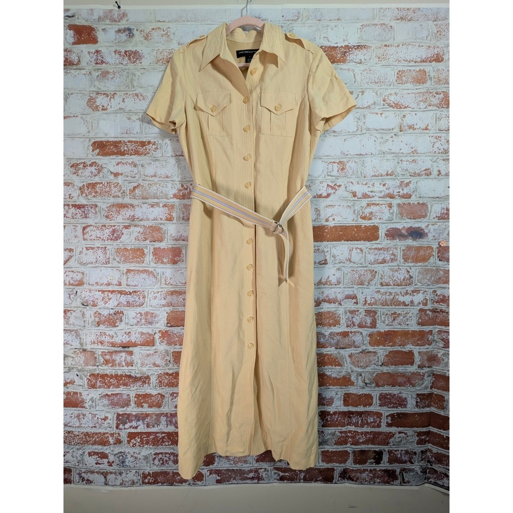 Jones New York Dress Women 8 Yellow Silk Linen Safari Midi Belted Short Sleeve