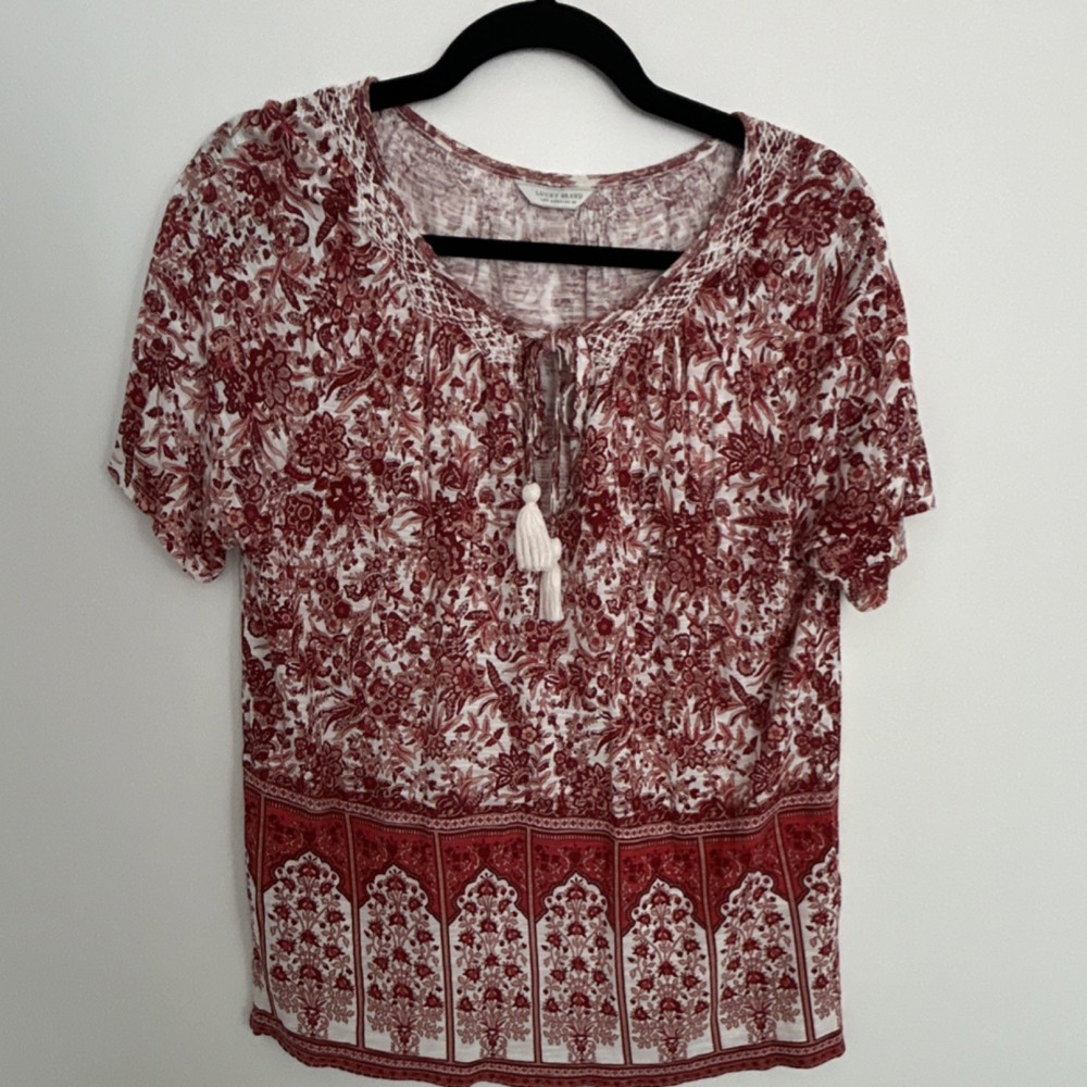 Lucky Brand Red White Floral Tasseled Tie Scoop Neck Short Sleeve Blouse M