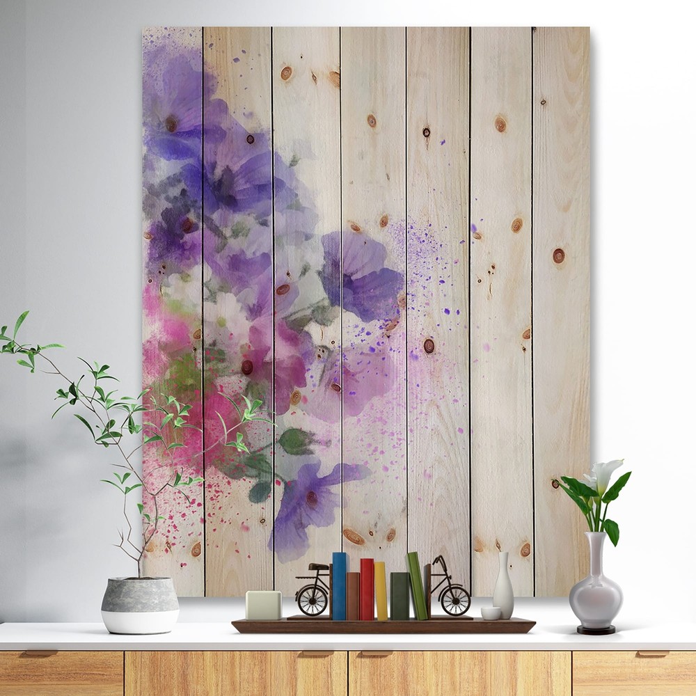 Designart 'Little Purple Flowers Hand Drawn' Nautical & Coastal Wood Wall Art
