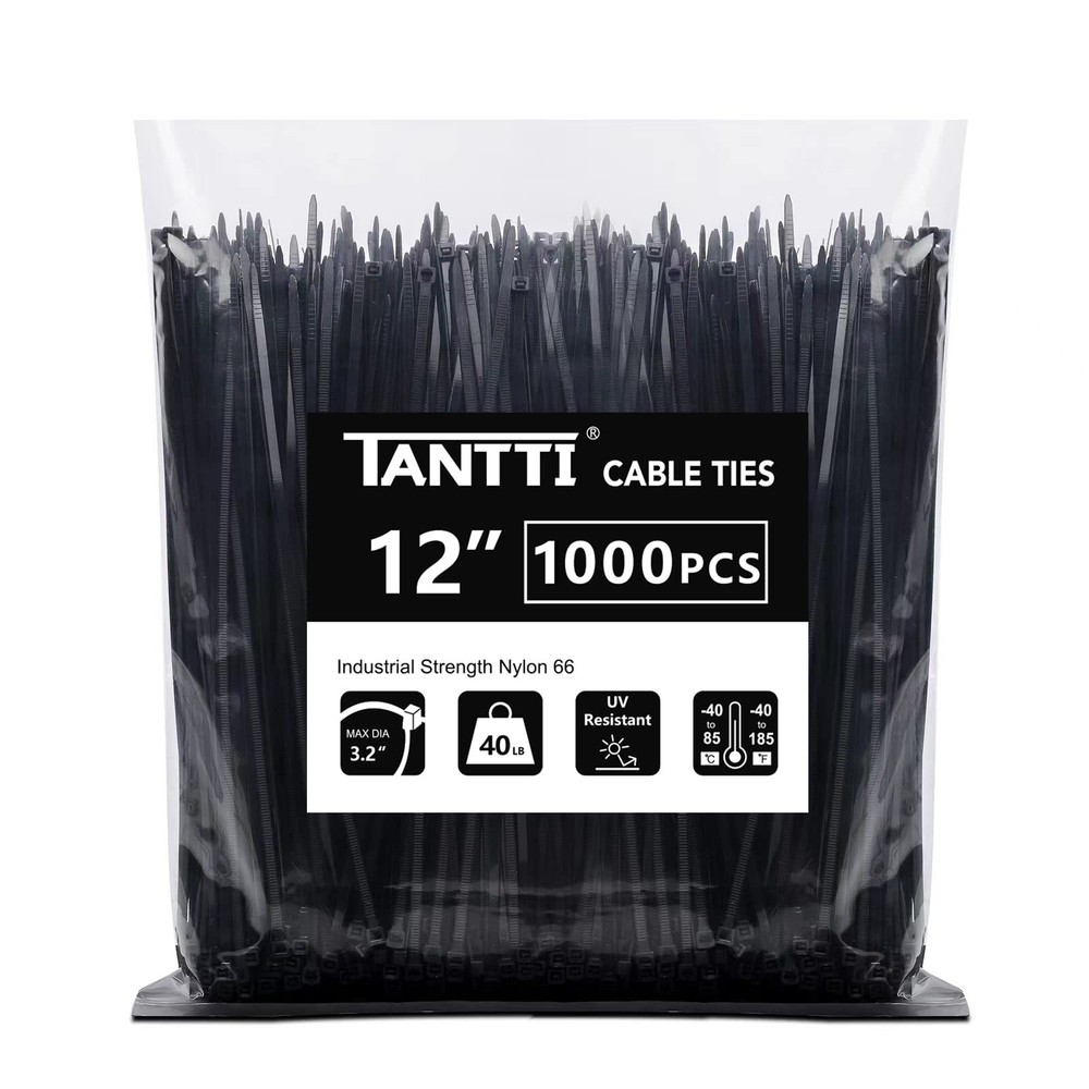1000-Piece 12-Inch Black Heavy-Duty Zip Ties 40lb Strength Self-Locking Cable Ties