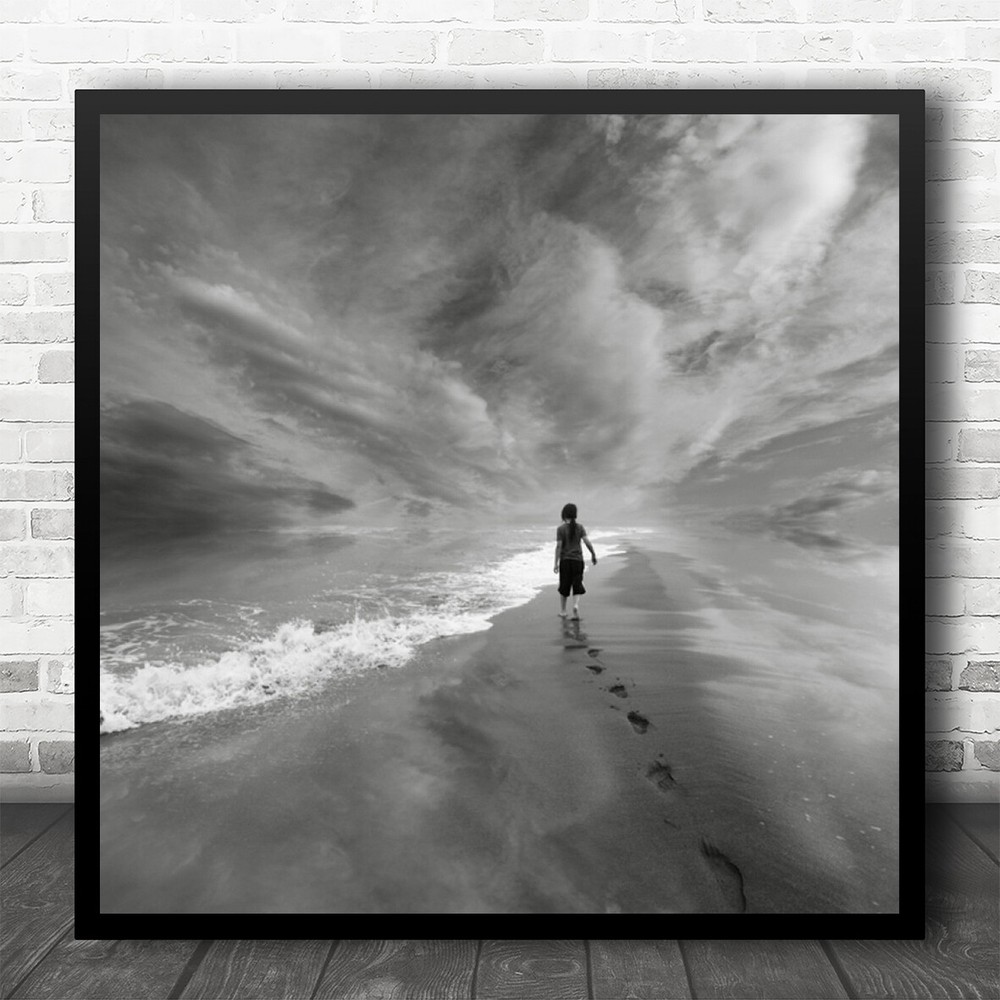 Sky Sea Clouds Beach Person Tracks Footsteps Seascape Landscape Square Print