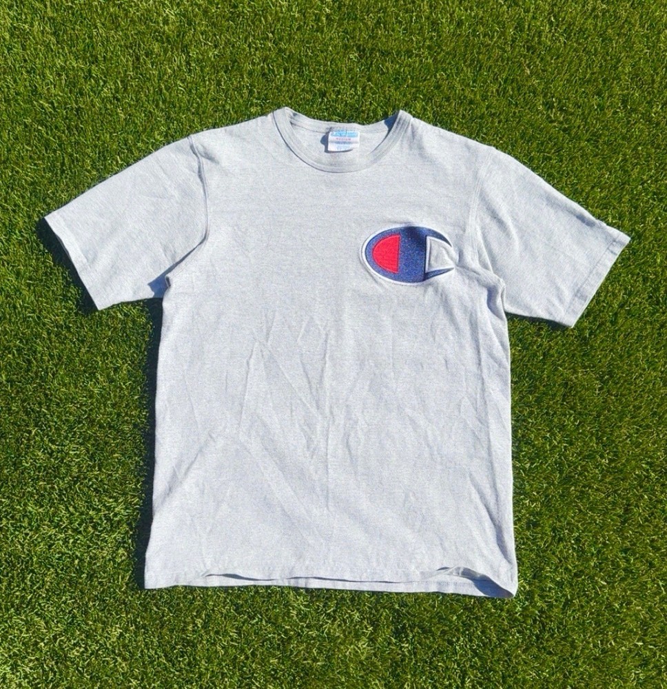 Men's Vintage Champion Blue Logo Stitched T-Shirt Big C Logo Size M Gray
