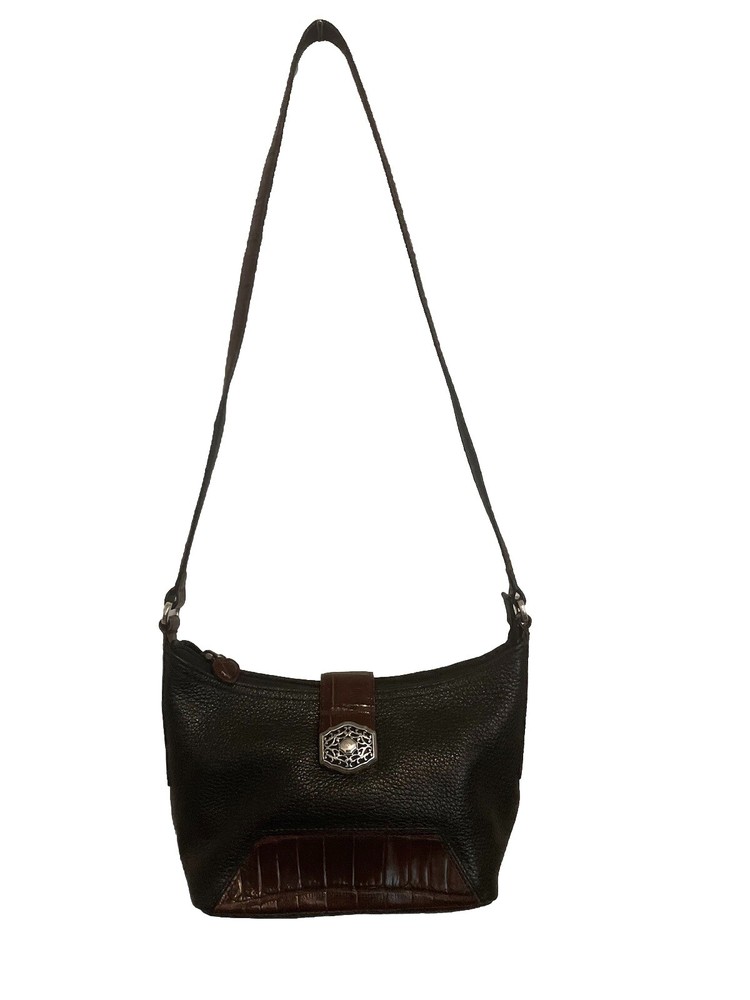 Brighton Small Black Leather Brown Croc Trim Silver Tone Hardware Shoulder Bag