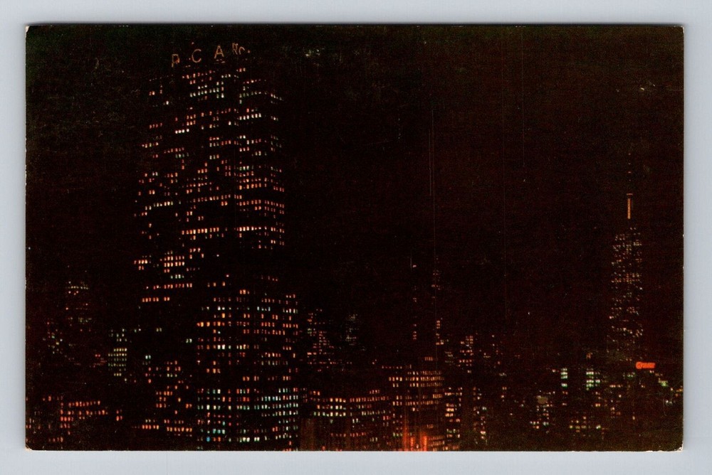 New York City NY, RCA Building, Empire State Building at Night, Vintage Postcard