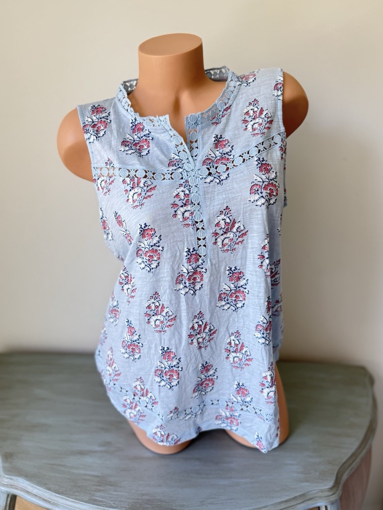 Lucky Brand Tank Top Women L Boho Floral Lightweight Slub Knit Cottage V Lace