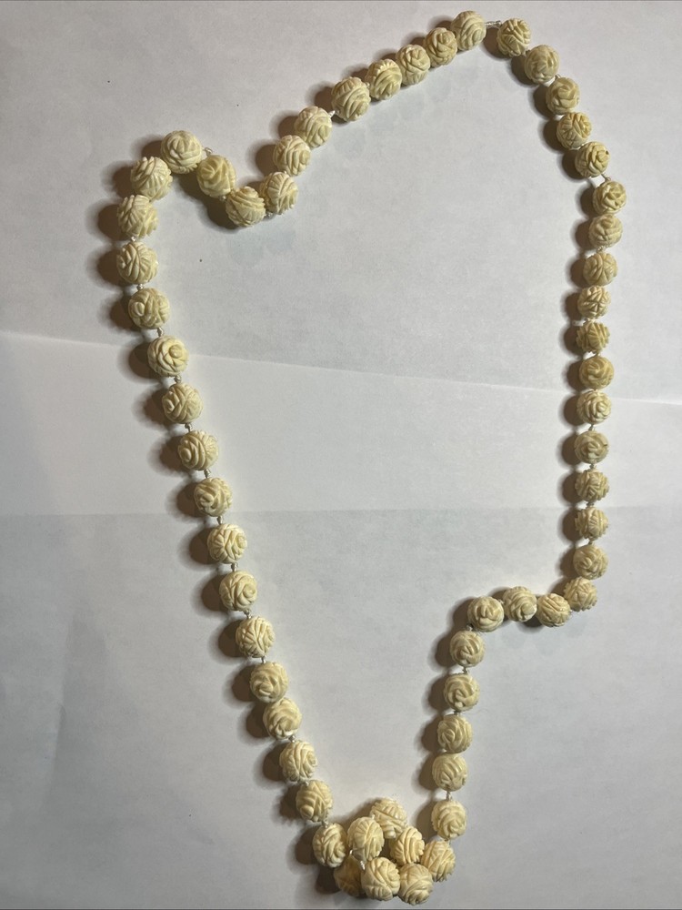 Vintage Bovine Bone Carved Necklace Cabbage Rose Design