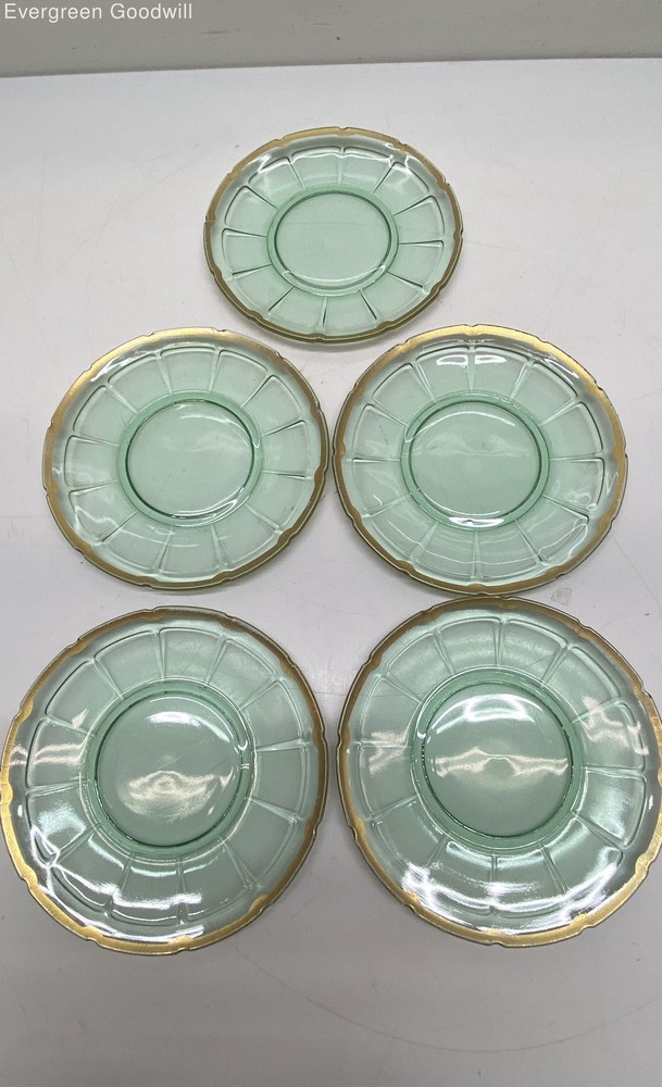 Vintage Art Deco Depression Uranium Glass Plates w/ Gilded Rims, Set of 5