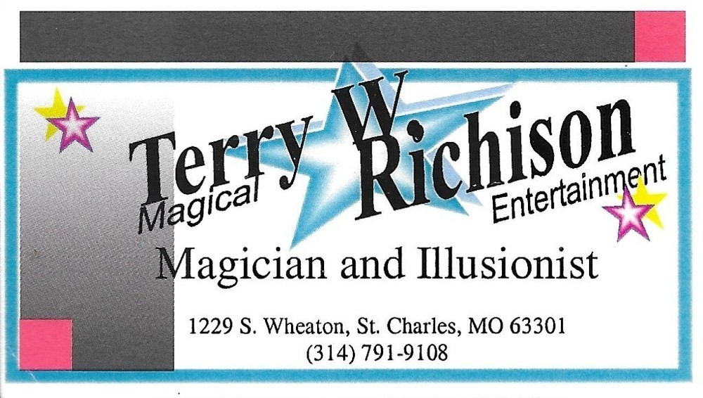 Terry Richison magician business card St. Charles, MO; magical entertainment