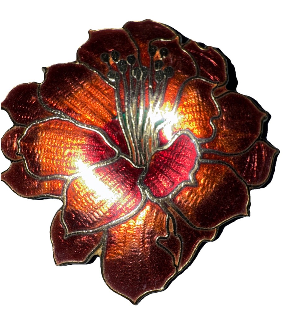 Vintage Cloisonne Enamel Red Flower Brooch Pin Gold Tone EUC