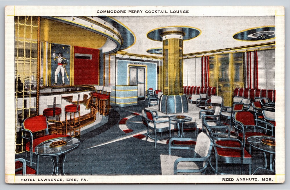 Erie PA~Commodore Perry Cocktail Lounge Hotel Lawrence~Vintage Linen Postcard