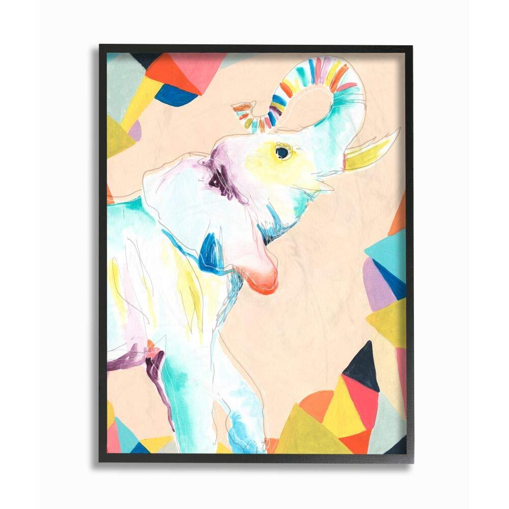 Abstract Elephant Animal Rainbow Drawing Black Framed Wall Art, 24 x 30, Mult...