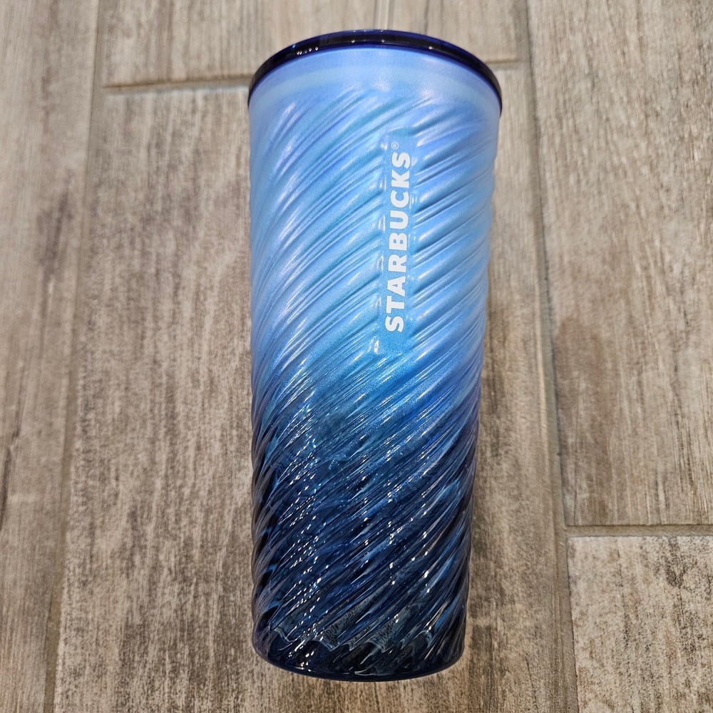 Starbucks 18oz Blue Diagonal Sheen Tumbler Glass Cold Cup Hombre Swirl Summer