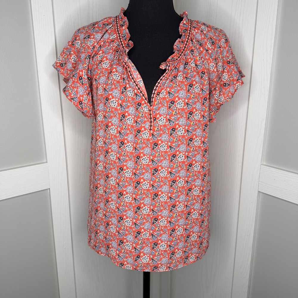 Max Studio Red Boho Floral Ruffle Blouse Size XS Short Sleeve Top