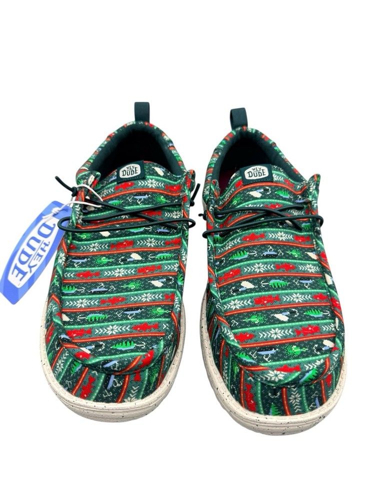 Hey Dude Wally Fishmas Sweater Pine Green Mens 11 Holiday Outdoor Shoes NIB