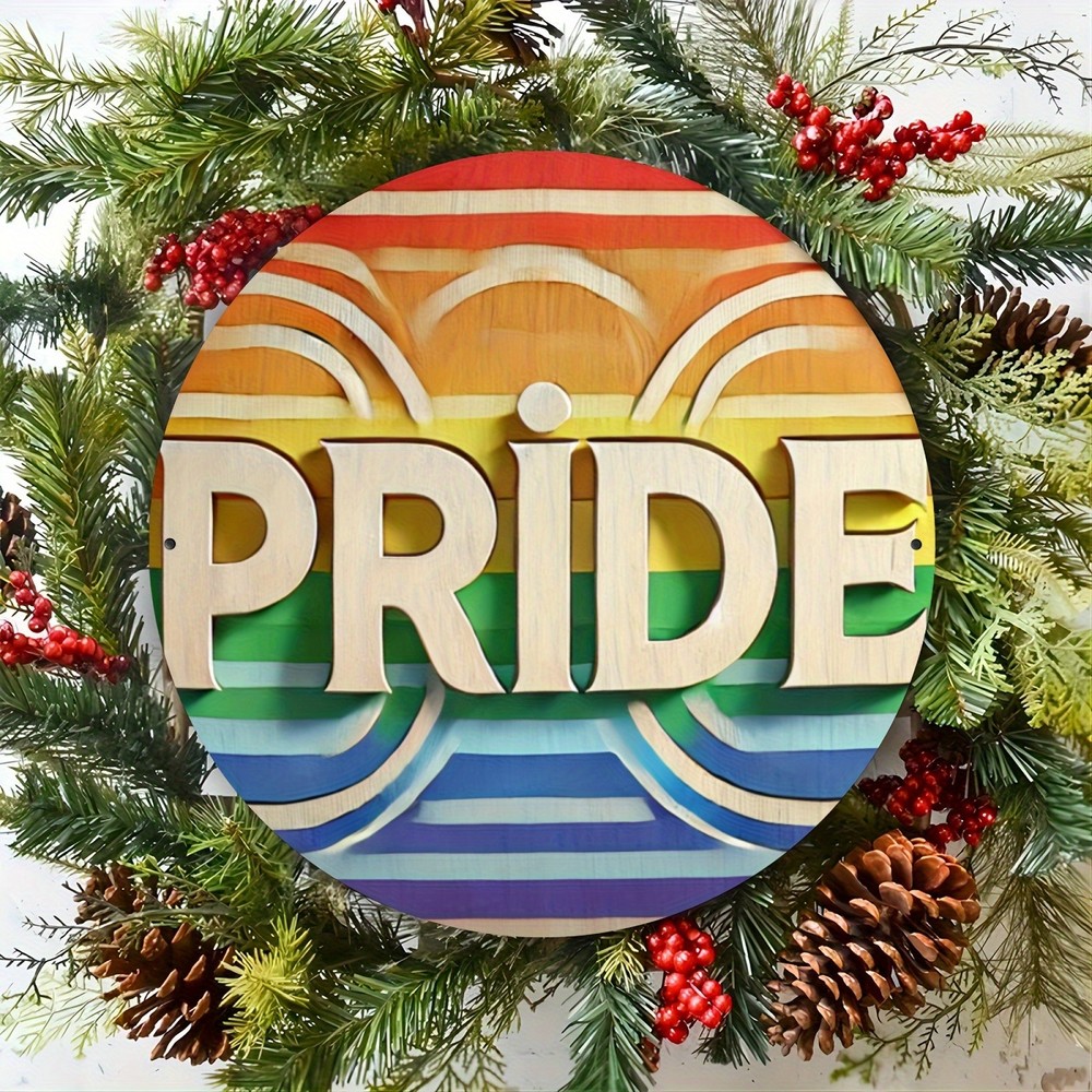 Retro Rainbow Pine Wreath Round Aluminum Sign 787 Inch