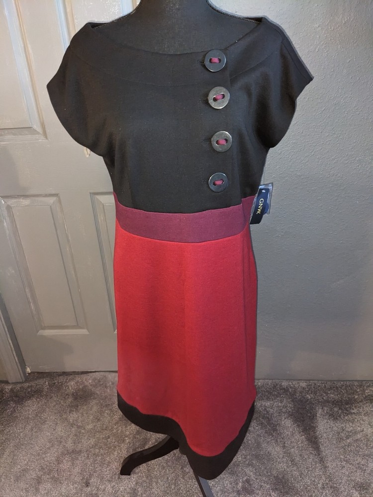 Women's NWT GNW Red & Black Cap Sleeve Stretch Knee Length Dress Tag Size 12