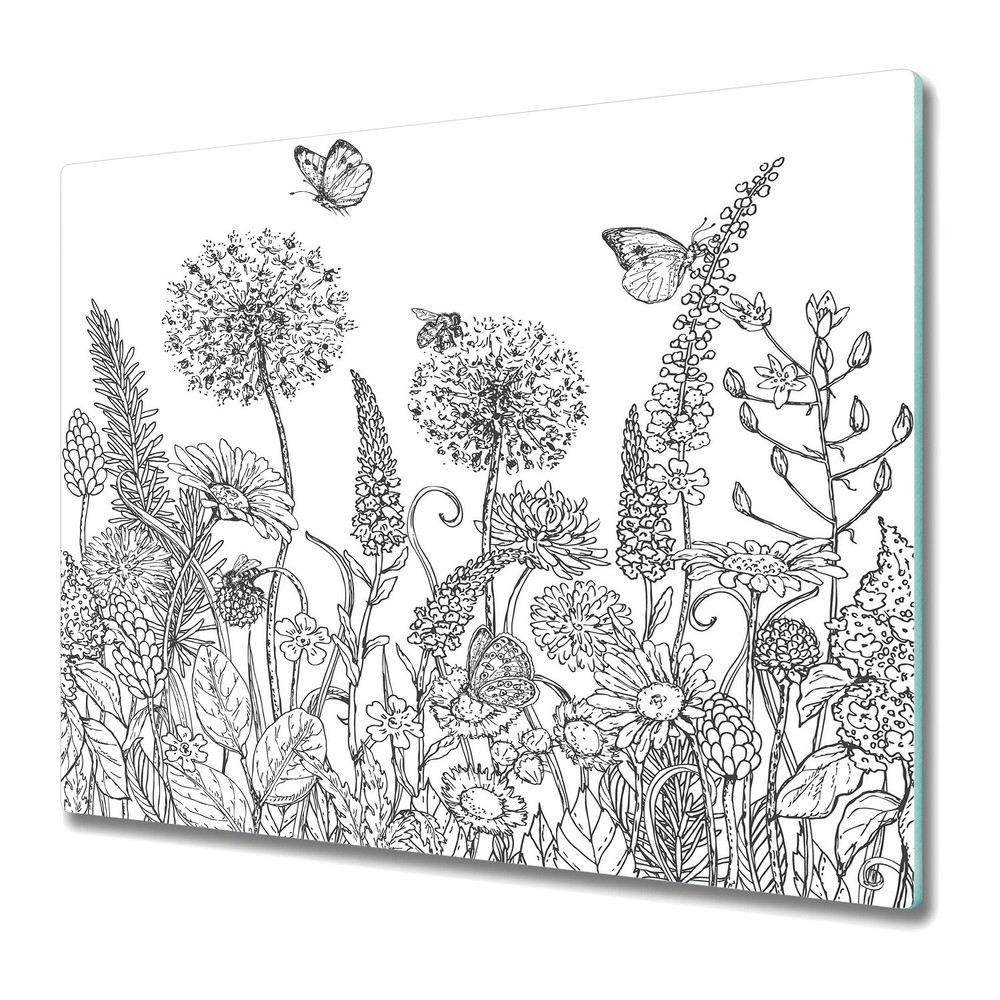 Glass Chopping Board Utensil Board Sketch flowers Black and white floral 60x52