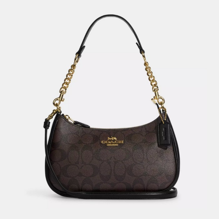 NWT Coach Teri Shoulder Bag In Signature Canvas Leather Vintage Black Brown