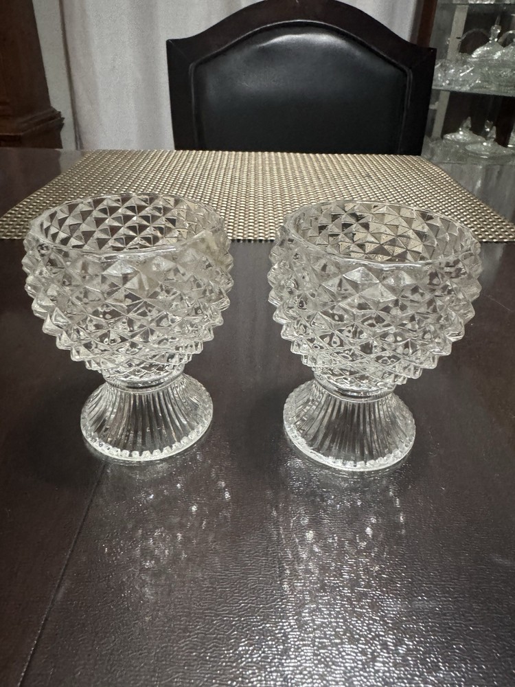 Vintage 1970's Avon Diamond Cut Clear Glass Footed Votive Candle Holder 3.5