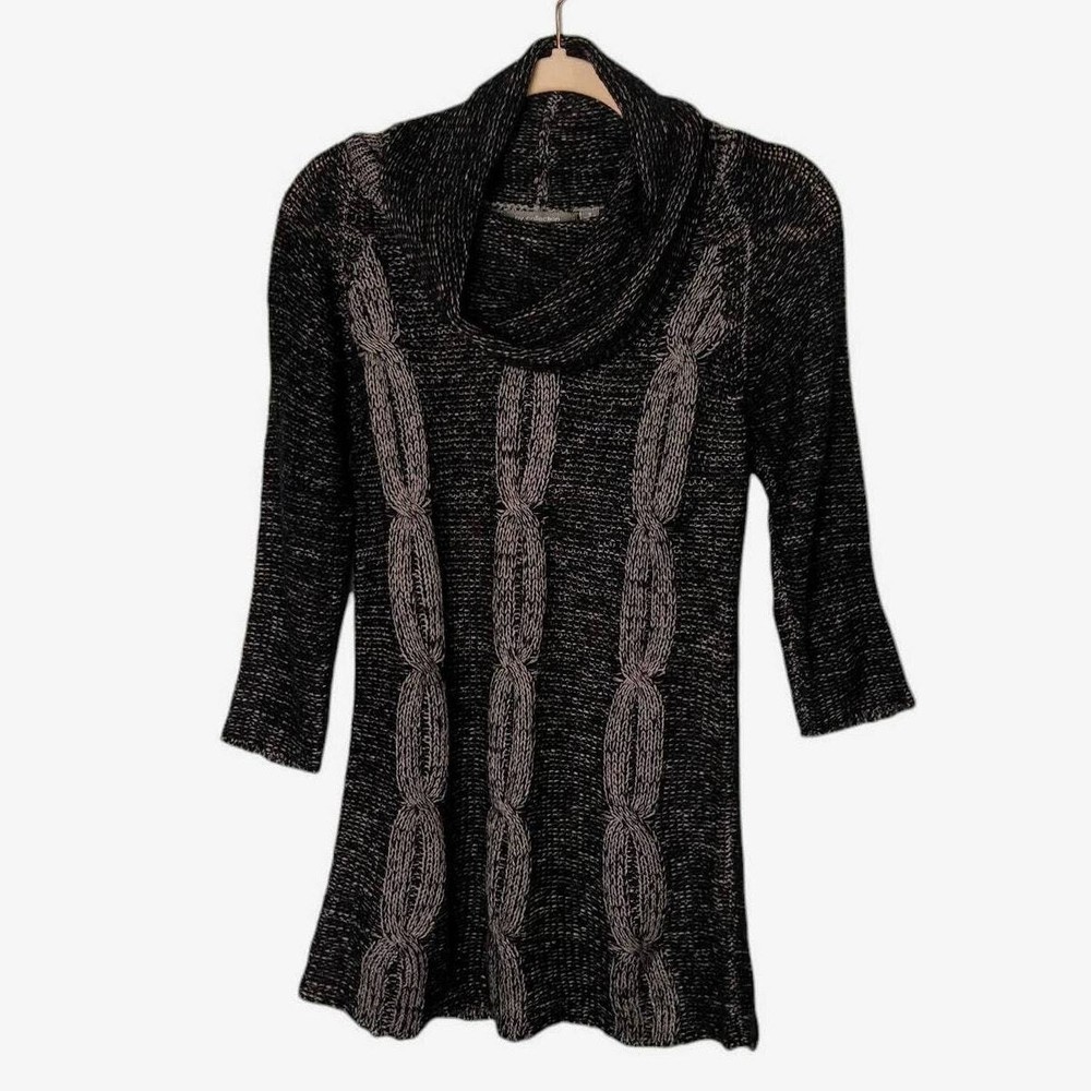 NY COLLECTION Women's Black Gray Cowl Neck Cable Knit Sweater Tunic,  Sz S