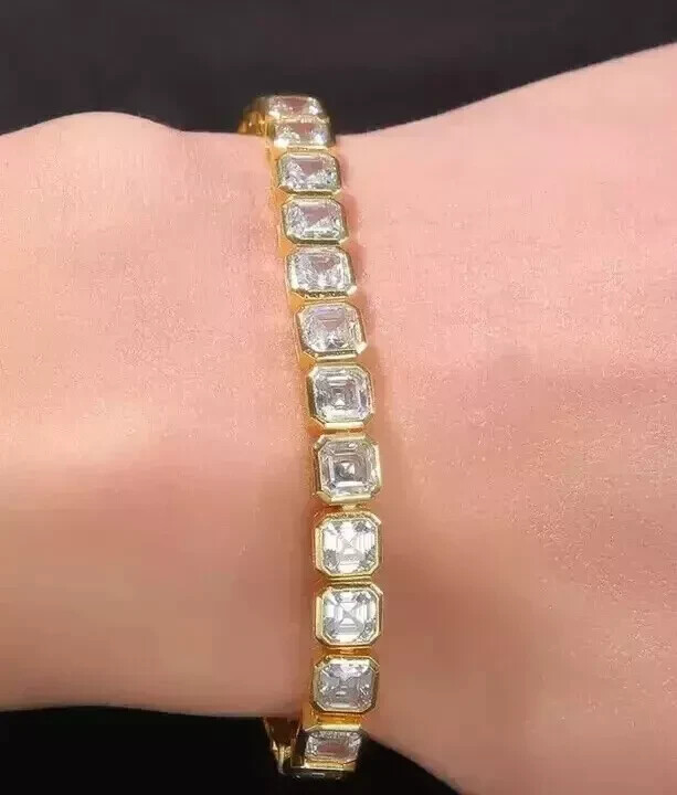 12Ct Lab-Grown Asscher Cut Diamond Tennis Bracelet in 14K Yellow Gold Plated 8.5 Inch
