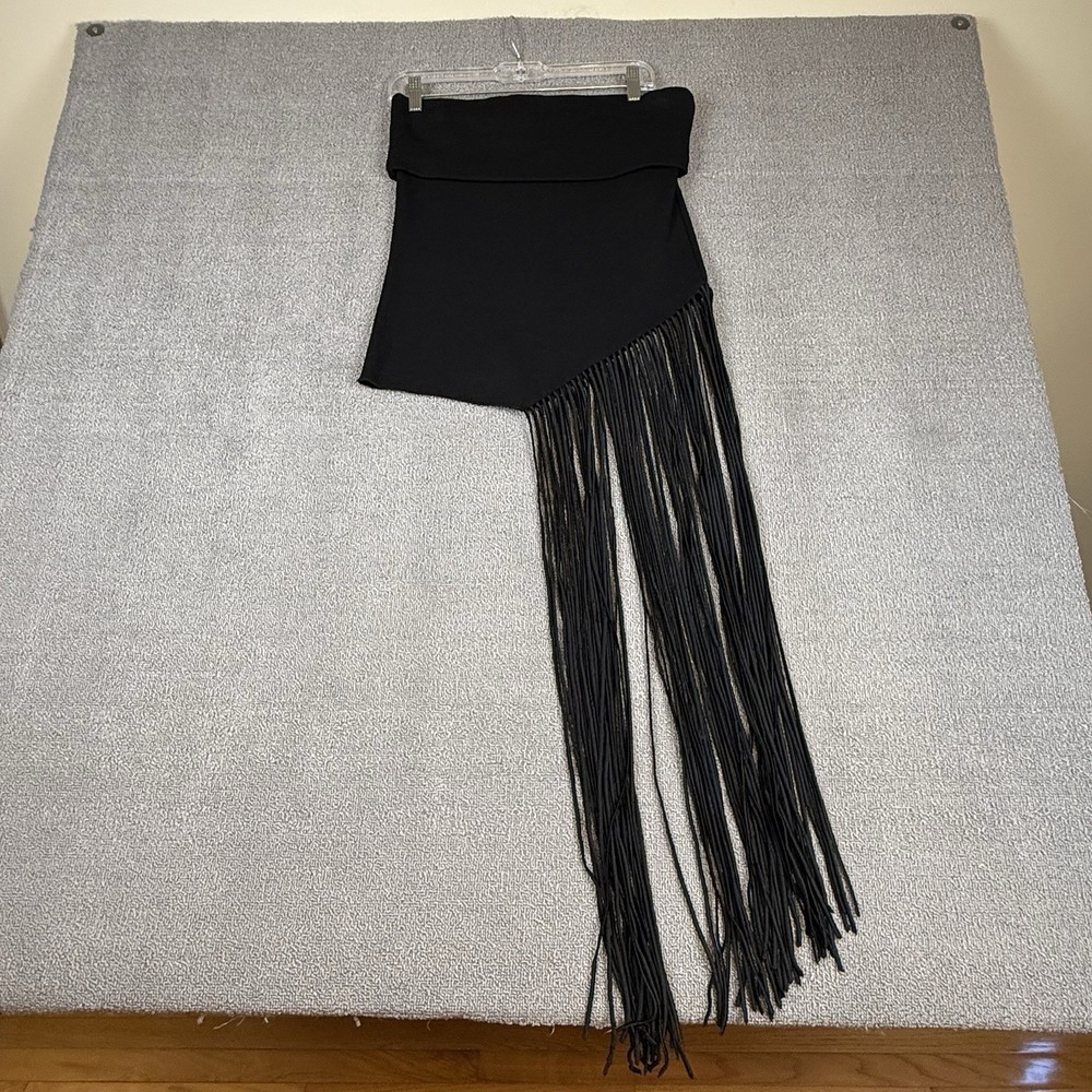 Zara Black Asymmetric Knit Fringe Tube Top Size L Festival Coachella Tassel Boho