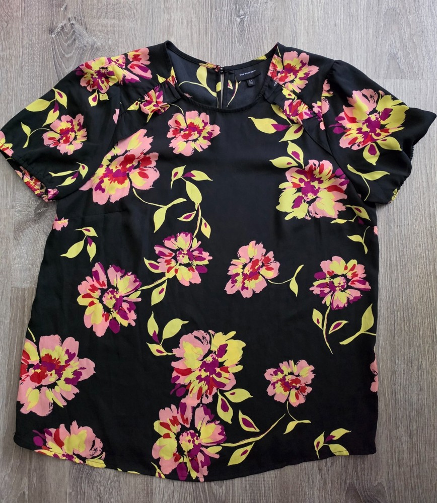 Who What Wear Womens Floral Blouse Medium Black Pink Yellow Flutter Sleeve Top