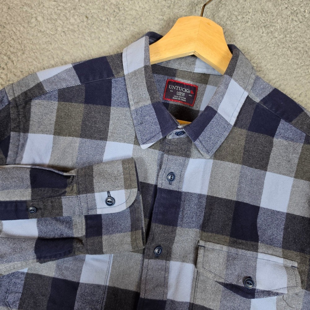 UNTUCKit Flannel Shirt Mens Large Blue Grey Excellent Slim Fit Plaid Button Down